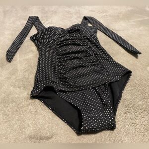 Unique Vintage Black Polka Dot One Piece Swimsuit